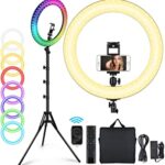 أضاءة رينج لايت متعددة الالوان Neewer RGB Ring Light Selfie Light Ring with Tripod Stand & Phone Holder, Infrared Remote Control, Dimmable 16 Colors & 4 Flash Modes for Makeup/Live Streaming/YouTube/Tiktok/Video Shooting