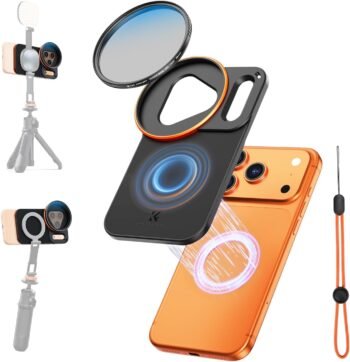 About this item 【Compatible with iPhone 17 pro, Precise Fit】K&F CONCEPT iPhone lens kit custom-developed precisely for the lens module of iPhone 17 pro, with a triangular lens cutout and a rectangular Deco cutout that fit the body. The design of a large flash opening + antenna hollowing prevents light leakage and does not block the signal. After wearing, the iphone camera lens and flash are not affected at all. 【Double-sided Magnetic 】About this iPhone 17 pro CPL filter adapter, there are 17 strong neodymium magnets on the front and 8 on the back, all of N52 grade, providing a strong suction of 2500gs (about 8N). It can be adsorbed quickly and stably without falling off easily. The double-sided Magnetic Mount also supports the expansion of magnetic accessories such as magnetic fill lights and tripods, making daily picking and placing operations extremely convenient. (Avoid running or violent shaking to prevent falling off.) 【Comprehensive Protection】This CPL filter iphone features large-area non-slip silicone (front/back) ensures a comfy, anti-slip grip. Shock-absorbent bezel strip, lanyard hole and free brand lanyard double security against slips and drops—making it an extremely secure iPhone camera lens attachment. 【Standard CPL Filter】K&F CONCEPT iPhone 17 Pro CPL filter made of AGC glass with 18 layers of optical coating, it can effectively reduce reflections on non-metallic surfaces and restore true colors. As a CPL filter for iphone,it is especially suitable for shooting blue sky and white clouds, enhancing the shooting texture. Meanwhile, the filter ring is compatible with all 58mm threaded filters and supports stacking multiple filters. K&F CONCEPT Double-Sided Magnetic Lens Filter Mount Adapter with 58mm CPL Filter, Compatible with iPhone 17 Pro and 58mm Threaded Filters, CPL Filter Compatible with iPhone Camera Lens